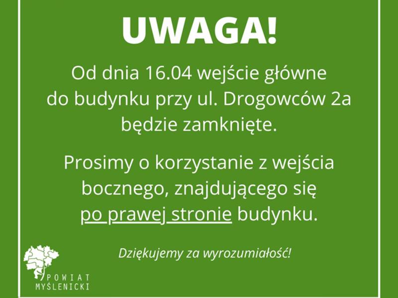 Grafika z zielonym tłem, białą ramką i logo Powiatu Myślenickiego.
