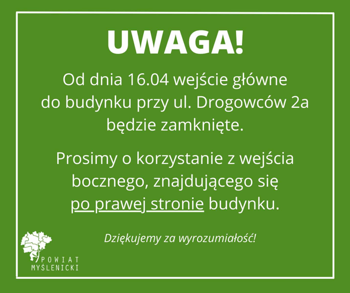 Grafika z zielonym tłem, białą ramką i logo Powiatu Myślenickiego.