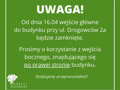 Grafika z zielonym tłem, białą ramką i logo Powiatu Myślenickiego.