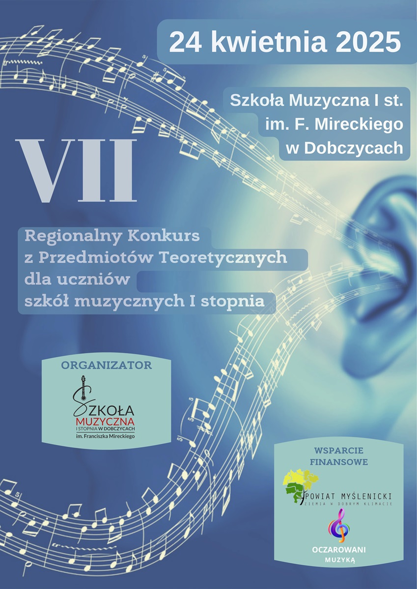 Plakat VII Regionalnego Konkursu Teoretycznego w Dobczycach, z nutami i uchem na tle, data: 24 kwietnia 2025.