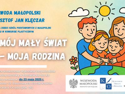 Grafika z pastelowym tłem, rysunkiem rodziny, natury oraz logotypami Wojewody Małopolskiego, Kuratorium Oświaty i ASP w Krakowie.