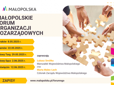 Plakat informacyjny Małopolskiego Forum Organizacji Pozarządowych. Grafika przedstawia dłonie układające elementy puzzli.
