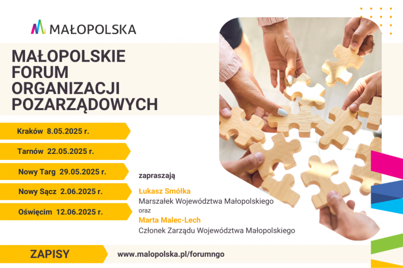 Plakat informacyjny Małopolskiego Forum Organizacji Pozarządowych. Grafika przedstawia dłonie układające elementy puzzli. 