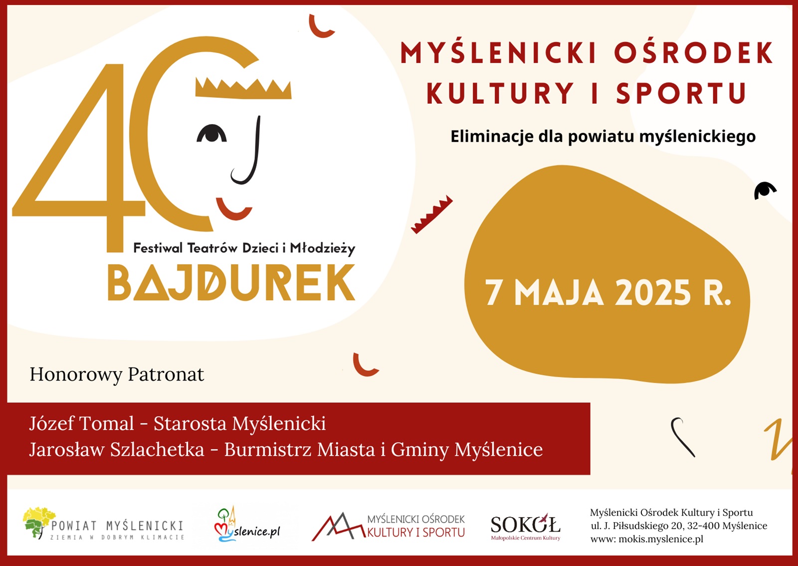 Plakat 40. Festiwalu „Bajdurek” – eliminacje powiatu myślenickiego, z rysunkowym tytułem, grafiką i logotypami organizatorów.