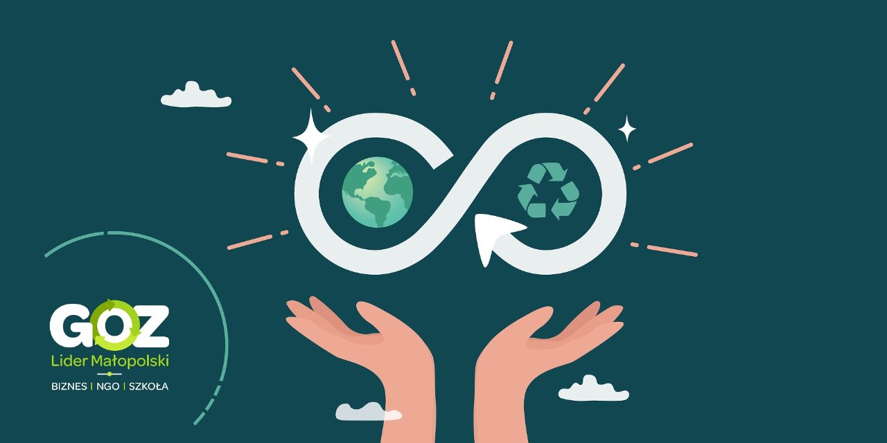 Grafika informacyjna posiada graficzne elementy takie jak otwarte dłonie, kula ziemska i znak recyklingu, nawiązujące do gospodarki obiegu zamkniętego.