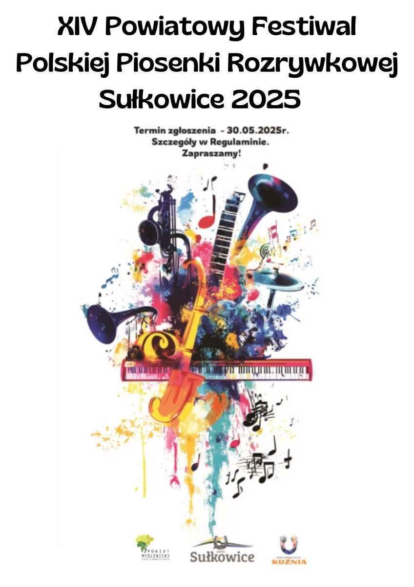 Plakat informacyjny z rysunkowymi instrumentami na środku, na dole logo Powiat Myślenicki, Gmina Sułkowice oraz GOK w Sułkowicach.