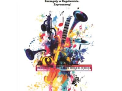 Plakat informacyjny z rysunkowymi instrumentami na środku, na dole logo Powiat Myślenicki, Gmina Sułkowice oraz GOK w Sułkowicach.