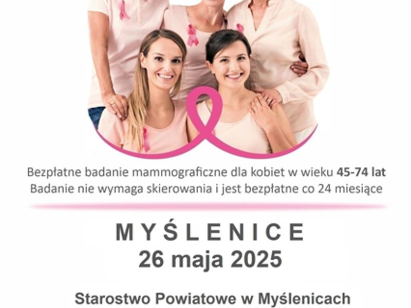 Plakat w różowych odcieniach o Bezpłatnych badaniach Mammografii. Na zdjęciu 5 kobiet w różnym wieku, a także informacje tekstowe o akcji i zapisach.