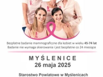 Plakat w różowych odcieniach o Bezpłatnych badaniach Mammografii. Na zdjęciu 5 kobiet w różnym wieku, a także informacje tekstowe o akcji i zapisach.