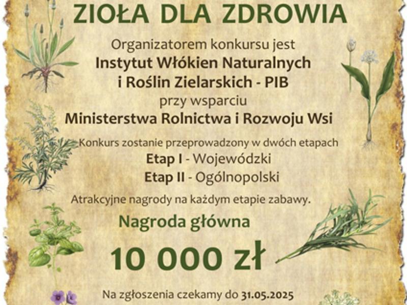 Plakat konkursu „Zioła dla zdrowia” dla KGW na tle pergaminu, z rysunkami ziół, logotypami i nagrodą główną 10 000 zł.