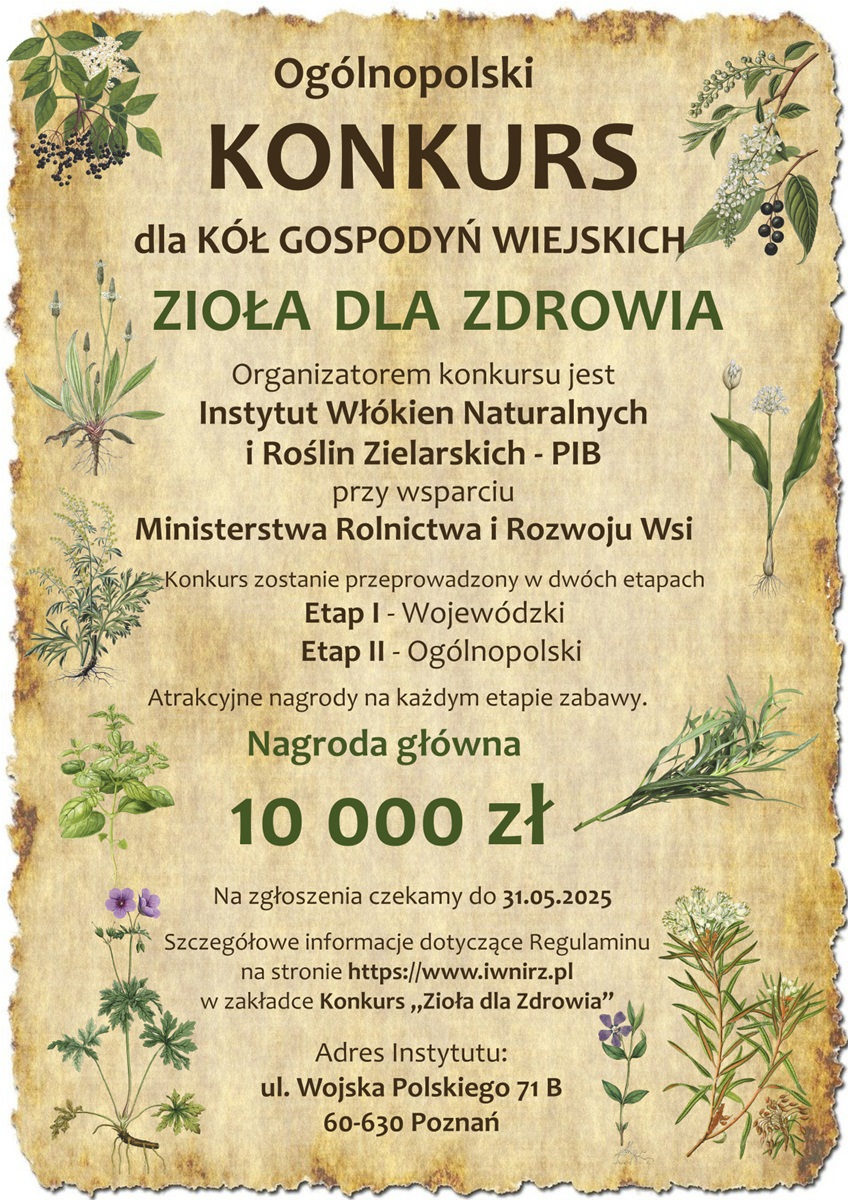 Plakat konkursu „Zioła dla zdrowia” dla KGW na tle pergaminu, z rysunkami ziół, logotypami i nagrodą główną 10 000 zł.