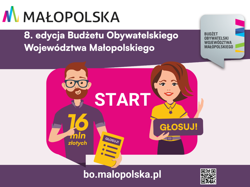 Grafika 8. edycji Budżetu Obywatelskiego Małopolski z postaciami, napisem „START”, hasłem „Głosuj!” i adresem bo.malopolska.pl.
