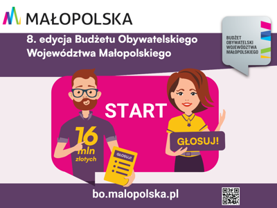 Grafika 8. edycji Budżetu Obywatelskiego Małopolski z postaciami, napisem „START”, hasłem „Głosuj!” i adresem bo.malopolska.pl.