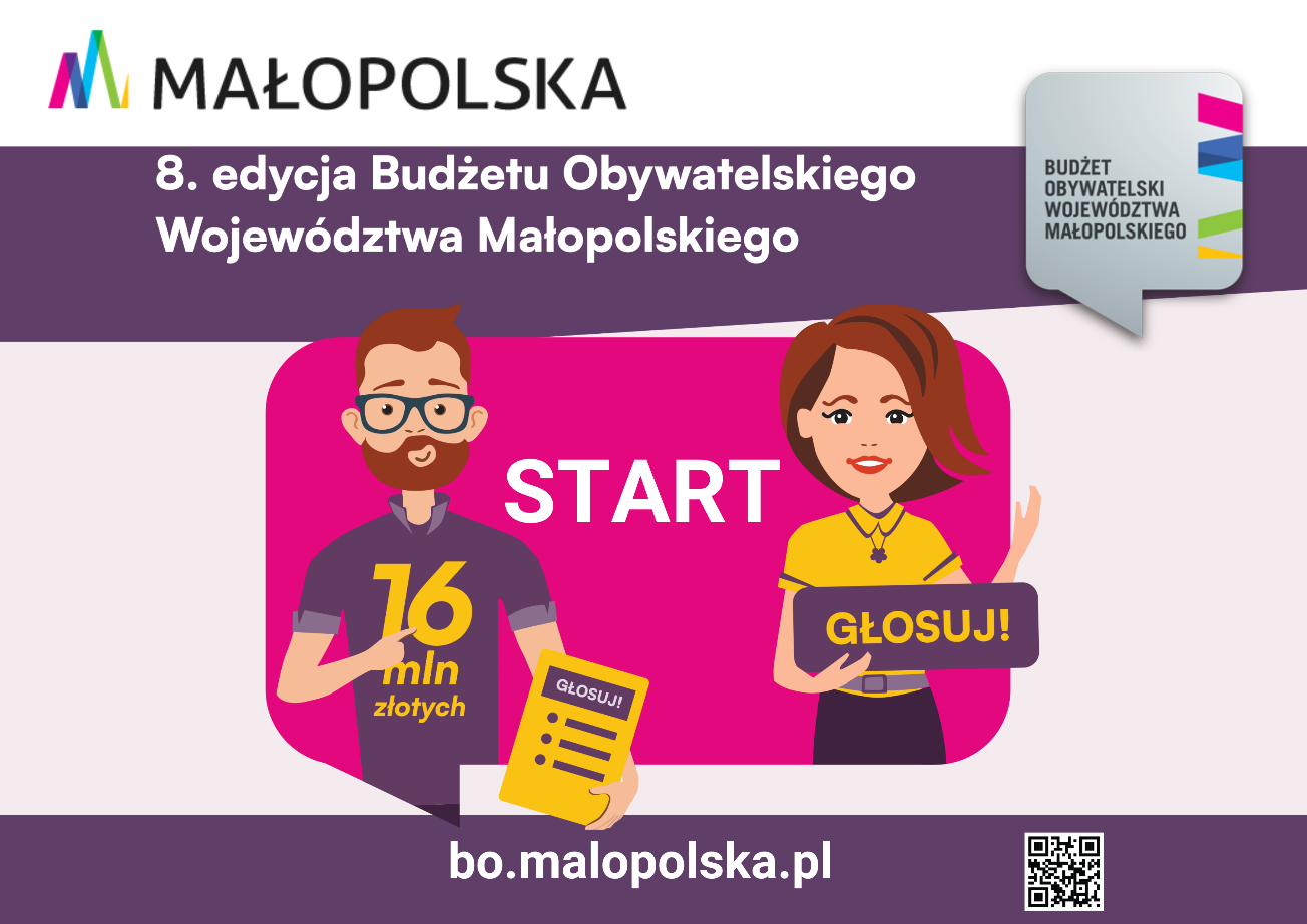 Grafika 8. edycji Budżetu Obywatelskiego Małopolski z postaciami, napisem „START”, hasłem „Głosuj!” i adresem bo.malopolska.pl.