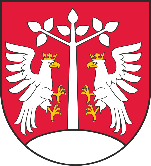 Herb powiatu myślenickiego: dwa białe orły w koronach po bokach białego drzewa na czerwonym tle, u dołu biały półokrąg.