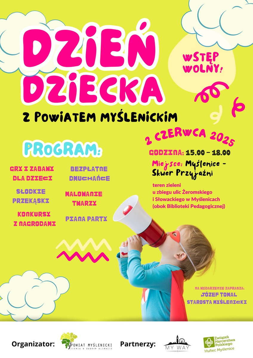 Plakat informacyjny na żółtym tle, ze zdjęciem dziecka oraz rysunkowymi chmurami, a także logo organizatora i partnerów wydarzenia.