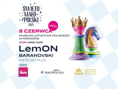 Grafika z tłem szachownicy i kolorowymi pionkami, logo organizatorów oraz partnerów wydarzenia.