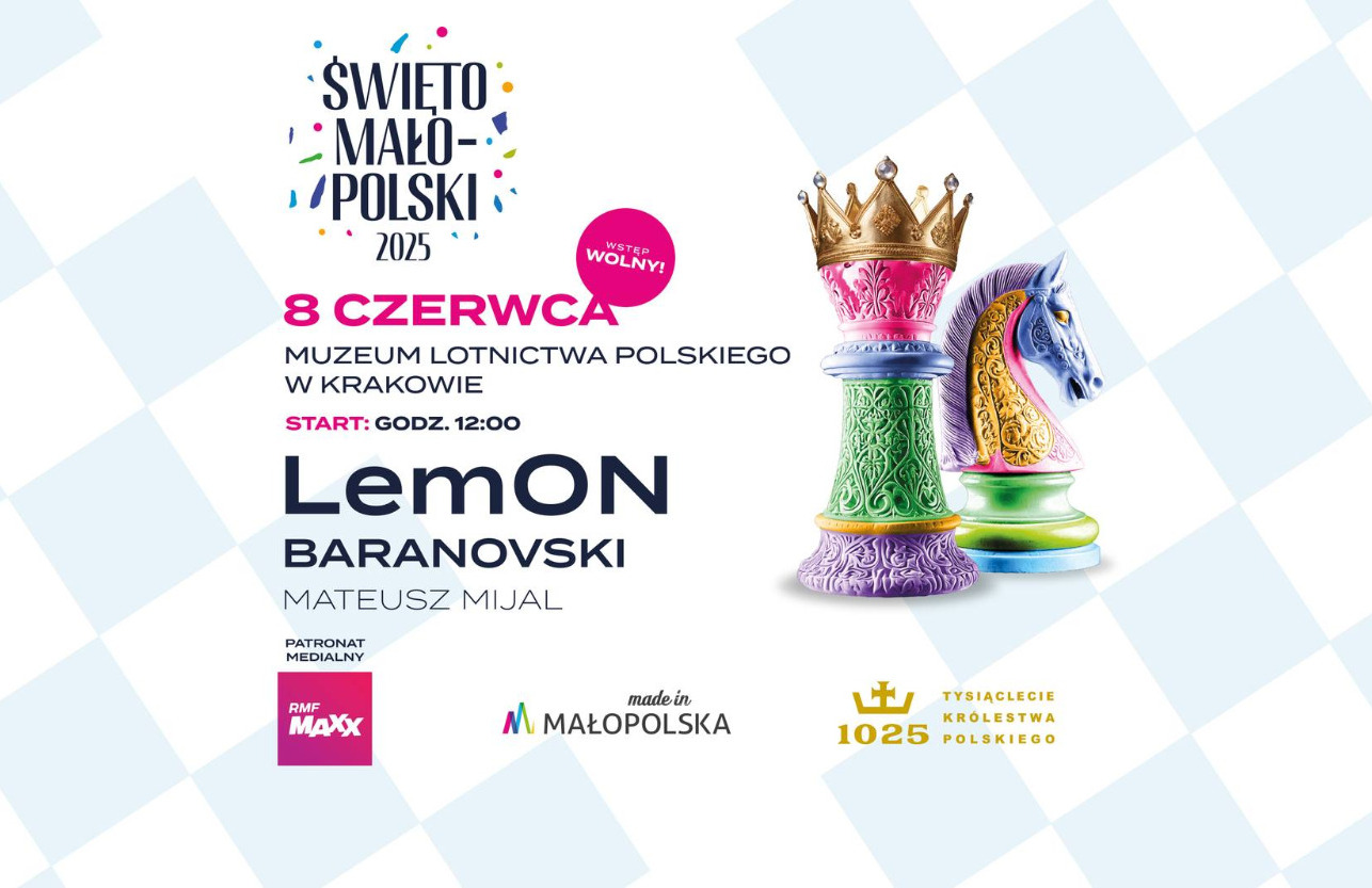 Grafika z tłem szachownicy i kolorowymi pionkami, logo organizatorów oraz partnerów wydarzenia.