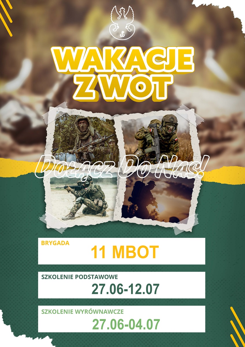 Plakat informujący o terminach szkoleń, ze zdjęciami wojskowych.