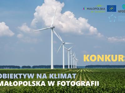Na plakacie widoczne jest zdjęcie pola z wiatrakami oraz informacjami o konkursie i logo organizatorów.