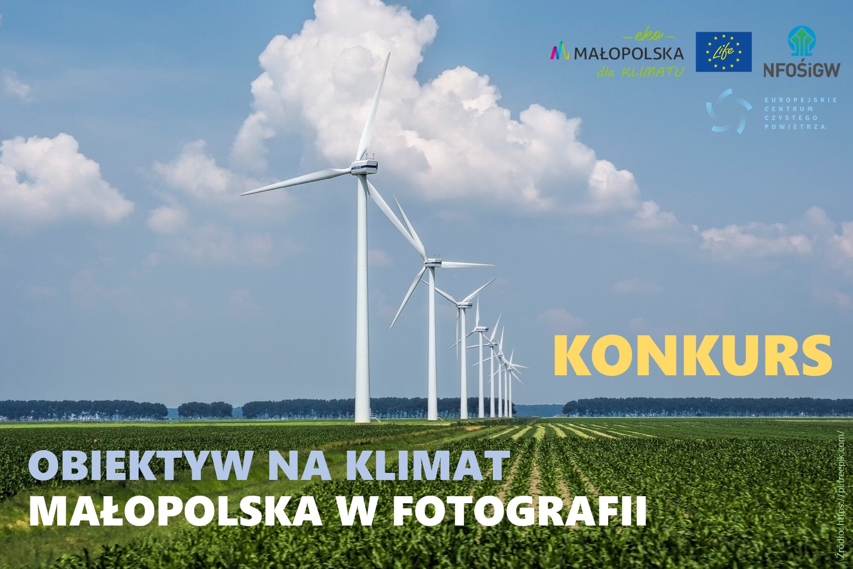 Na plakacie widoczne jest zdjęcie pola z wiatrakami oraz informacjami o konkursie i logo organizatorów.