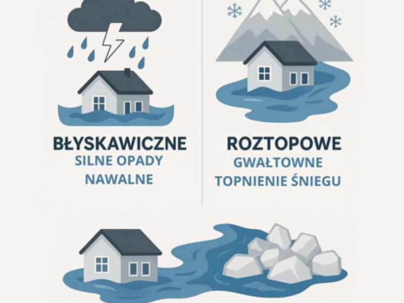Infografika przedstawiająca trzy rodzaje powodzi: błyskawiczne z silnymi opadami, roztopowe z topniejącym śniegiem i zatorowe z zatorem w korycie rzeki.