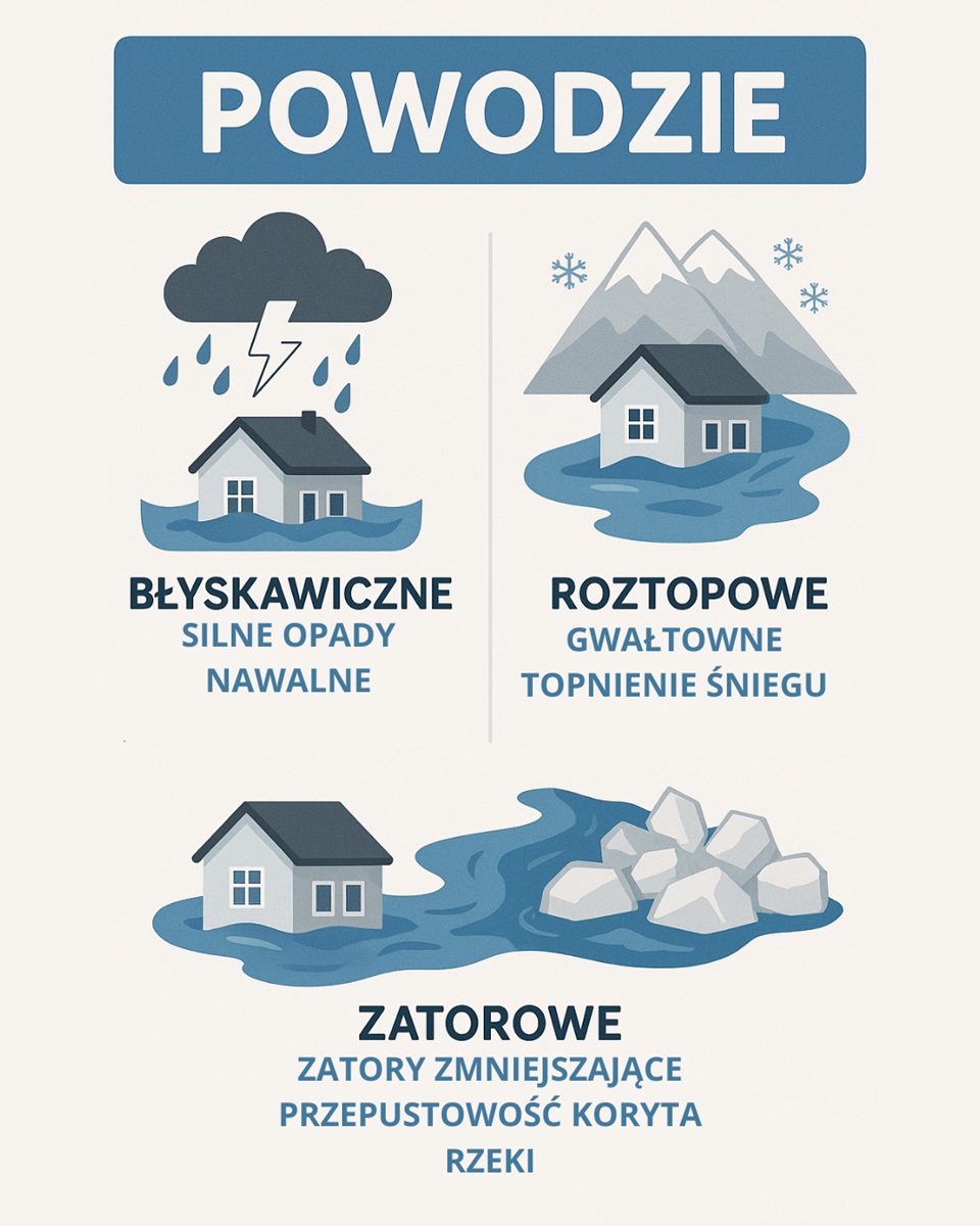 Infografika przedstawiająca trzy rodzaje powodzi: błyskawiczne z silnymi opadami, roztopowe z topniejącym śniegiem i zatorowe z zatorem w korycie rzeki.