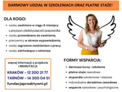 Plakat informacyjny z białym tłem, logo organizatorów i patronów akcji. Na plakacie widoczne jest zdjęcie kobiety z dorysowanymi skrzydłami.