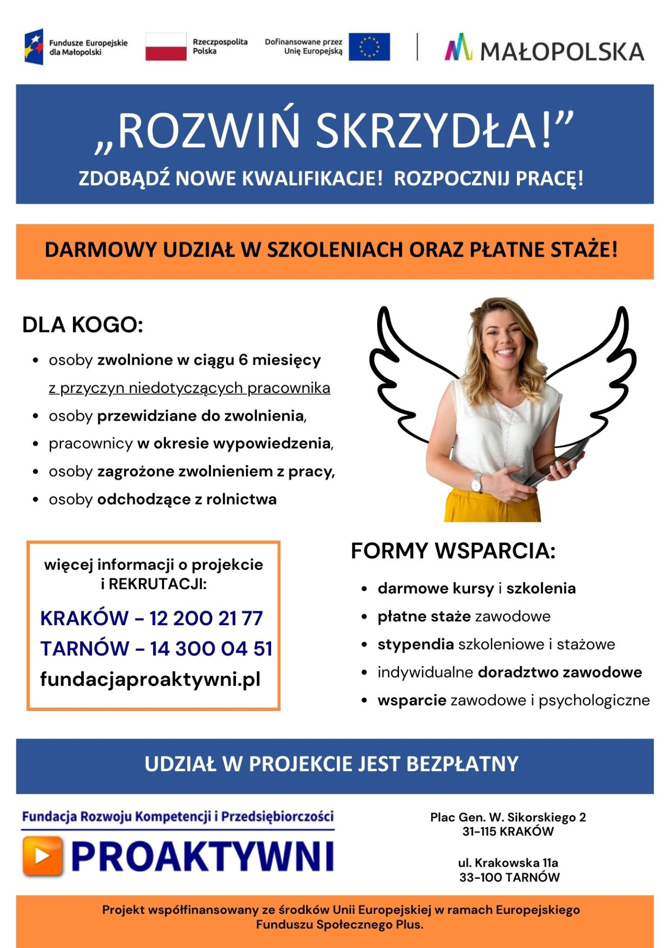 Plakat informacyjny z białym tłem, logo organizatorów i patronów akcji. Na plakacie widoczne jest zdjęcie kobiety z dorysowanymi skrzydłami.