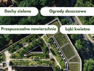 Widok z lotu ptaka na zielone dachy i ogrody z podpisami: błękitno-zielona infrastruktura, dachy, ogrody, łąki, nawierzchnie.