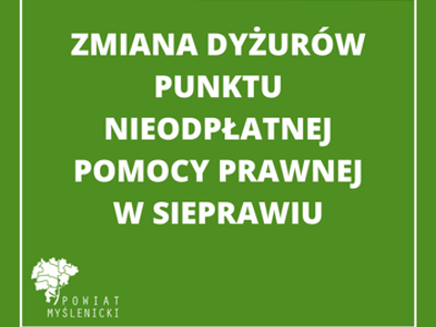 Grafika informacyjna z zielonym tłem, białymi napisami i logo Powiatu Myślenickiego