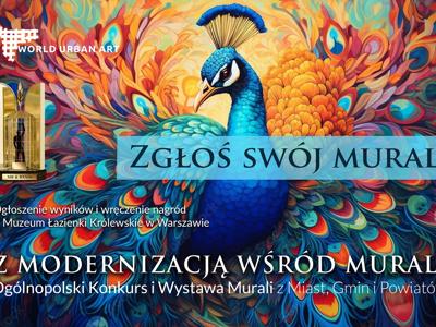 Na plakacie widoczny jest paw jako tło grafiki, statuetka a także logo World Urban Art