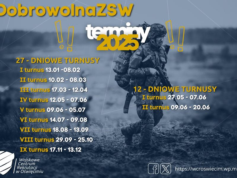 Na grafice widoczne jest zdjęcie żołnierza, żółto-białe napisy z terminami turnusów oraz logo WCR w Oświęcimiu.
