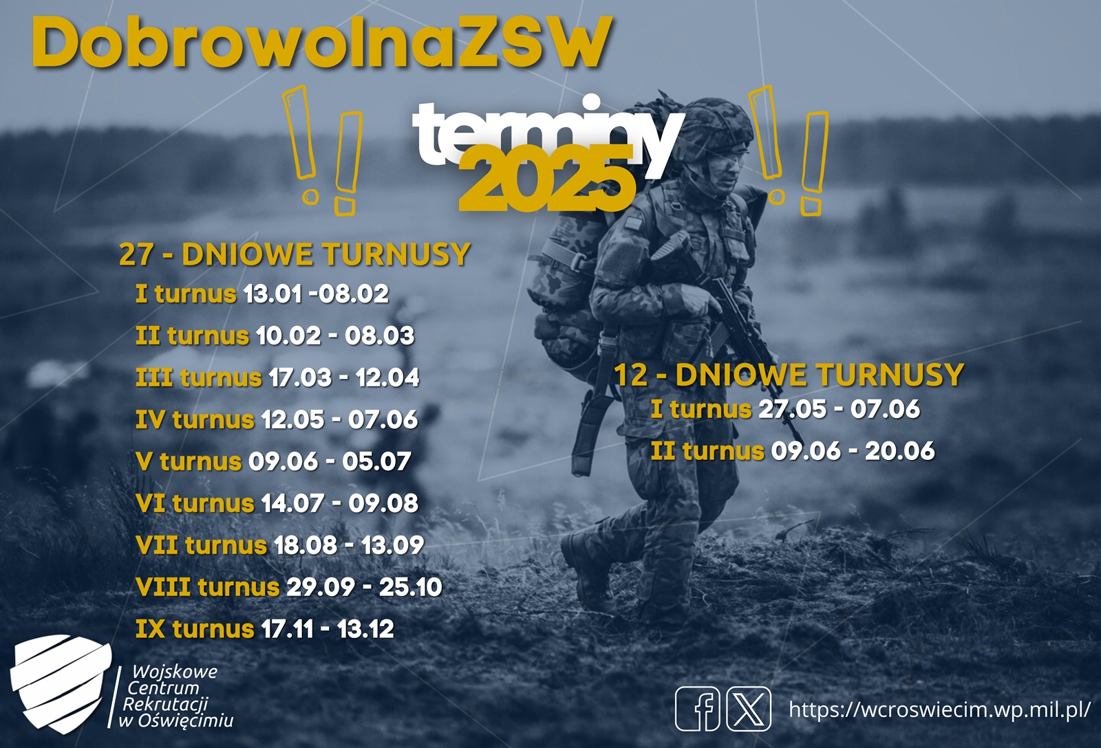 Na grafice widoczne jest zdjęcie żołnierza, żółto-białe napisy z terminami turnusów oraz logo WCR w Oświęcimiu.