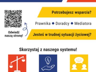 Plakat o Systemie Nieodpłatnej Pomocy w powiecie myślenickim: porady prawne, obywatelskie, mediacje, nr tel. 12 274 97 59.