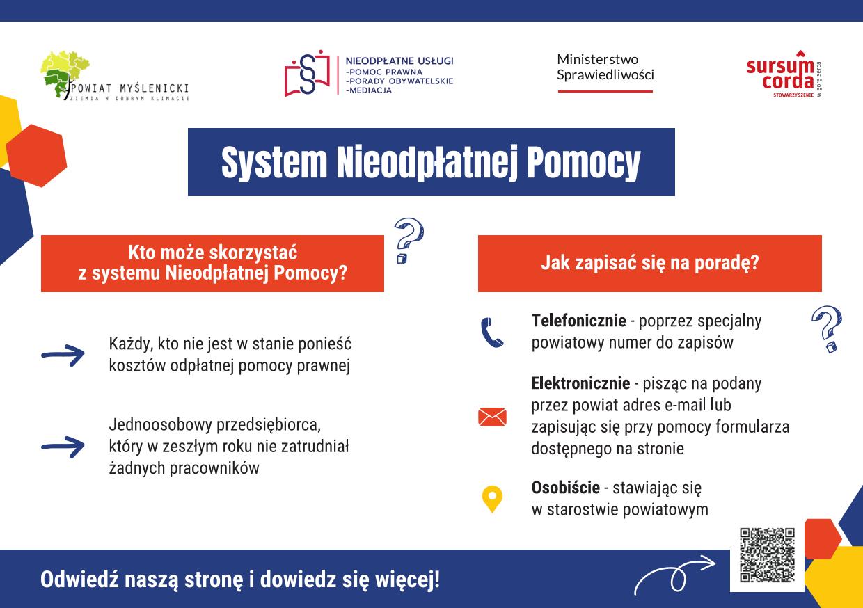 Plakat o Systemie Nieodpłatnej Pomocy: kto może skorzystać, jak się zapisać na poradę, formy kontaktu: tel., e-mail, osobiście.