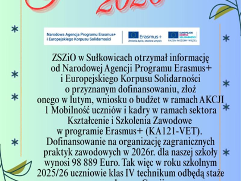 Grafika z kolorowym tłem, logotypami Erasmus+ i informacją o stażach uczniów ZSZiO Sułkowice w Grecji w 2026 roku.
