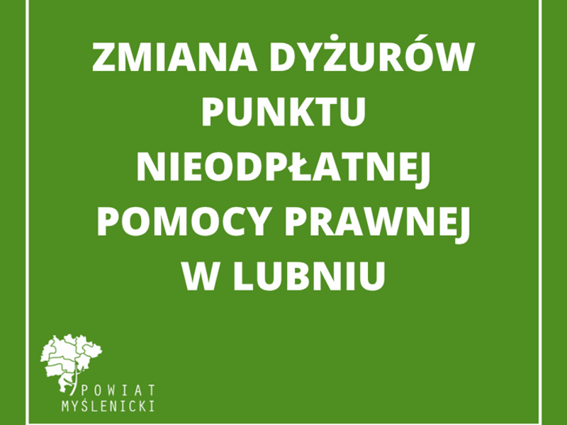 Grafika informacyjna z zielonym tłem, białymi napisami i logo Powiatu Myślenickiego
