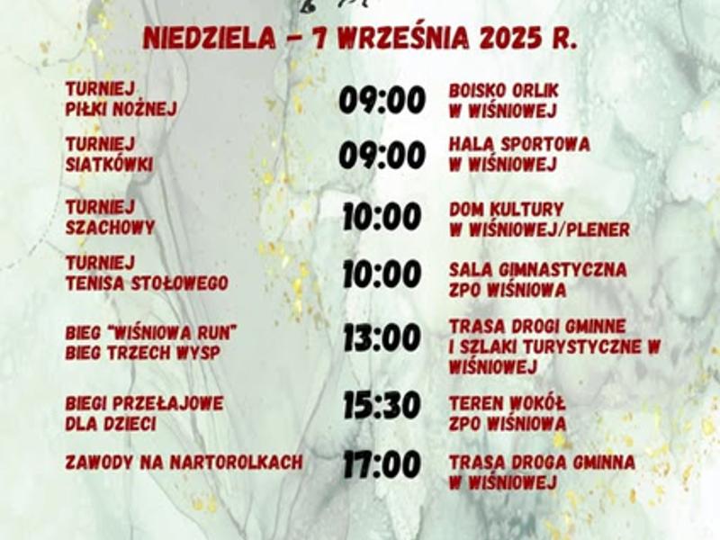 Plan wydarzeń festiwalu sportowego w Wiśniowej z listą turniejów i biegów na 7 września 2025 roku.