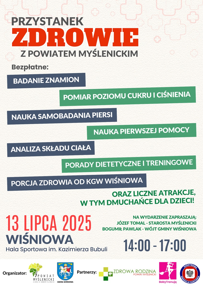 Plakat promujący wydarzenie Przystanek Zdrowie z Powiatem Myślenickim. Na plakacie widoczne są logotypy organizatorów i partnerów.