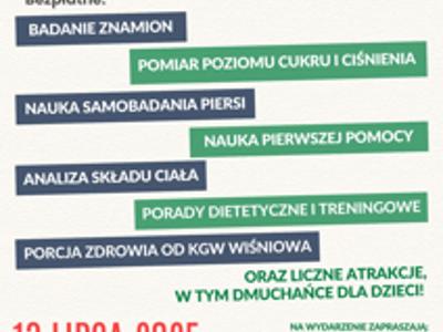 Plakat promujący wydarzenie Przystanek Zdrowie z Powiatem Myślenickim. Na plakacie widoczne są logotypy organizatorów i partnerów.