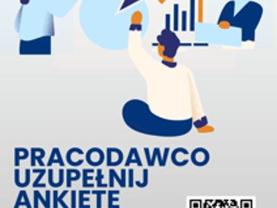 Niebieska grafika z rysunkowymi postaciami oraz kodem QR do formularza.