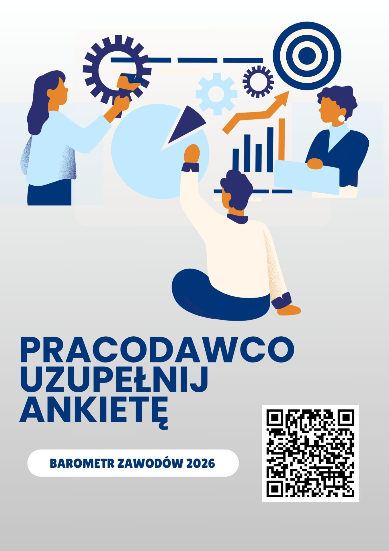 Niebieska grafika z rysunkowymi postaciami oraz kodem QR do formularza.
