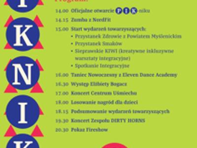 Zielony plakat informacyjny z programem wydarzenia oraz logotypami organizatorów i partnerów.