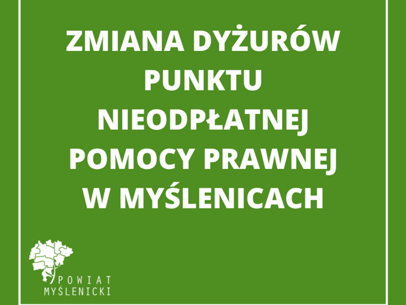Grafika informacyjna z zielonym tłem, białymi napisami i logo Powiatu Myślenickiego.