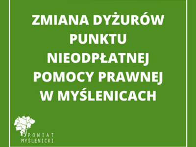 Grafika informacyjna z zielonym tłem, białymi napisami i logo Powiatu Myślenickiego.