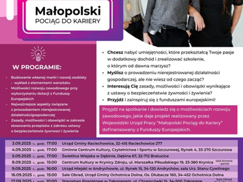 Fioletowo-różowy plakat z trzema uśmiechniętymi kobietami i logotypami WUP w Krakowie oraz Małopolski w prawym górnym rogu.