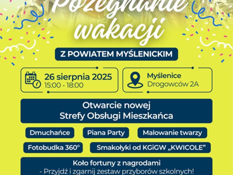 Żółto-granatowy plakat ze zdjęciem rodziny na rowerach. Na plakacie widnieje logo Powiatu Myślenickiego.