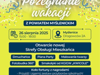 Żółto-granatowy plakat ze zdjęciem rodziny na rowerach. Na plakacie widnieje logo Powiatu Myślenickiego.