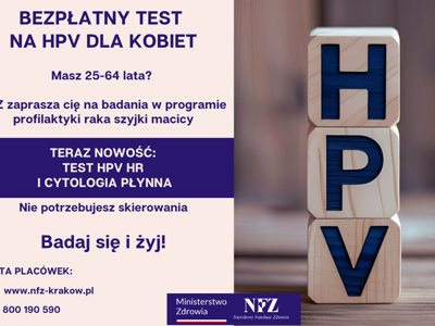 Na grafice widoczne są kostki ułożone w napis HPV, a także logo Ministerstwa Zdrowia i NFZ.